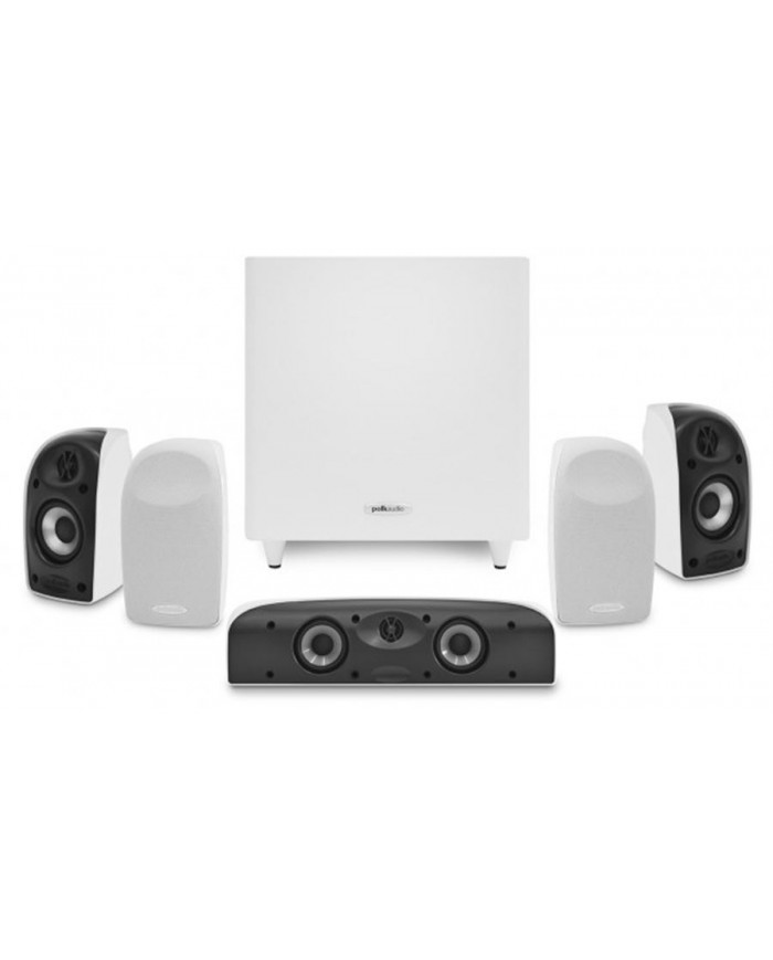 Polk Audio WHITESTONE TL1700 5.1 beyaz hoparlör sistemi, subwoofer ve merkez hoparlör.
