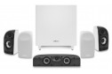 Polk Audio WHITESTONE TL1700 5.1 beyaz hoparlör sistemi, subwoofer ve merkez hoparlör.