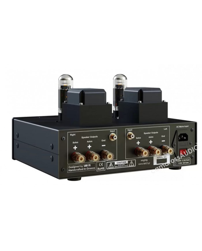 Lab 12 MIGHTY Power tüplü amplifikatör, stereo ses çıkışları, 4/8 ohm hoparlör terminalleri