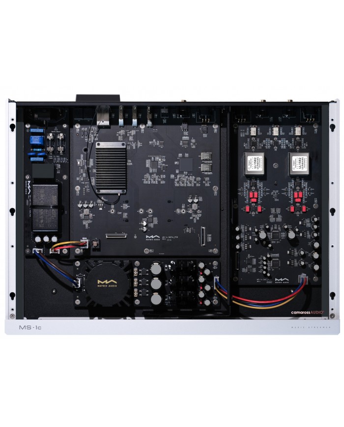 Matrix Audio MS-1c müzik streameri iç bileşenleri, dijital PCB, güç kaynağı.