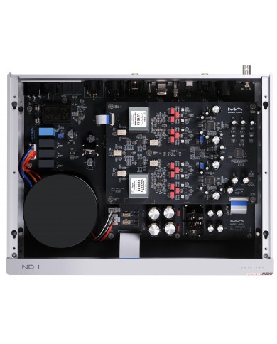 Matrix Audio ND-1 DAC iç devreleri, transformatör ve bileşenleri gösteren açık kasa görünümü.