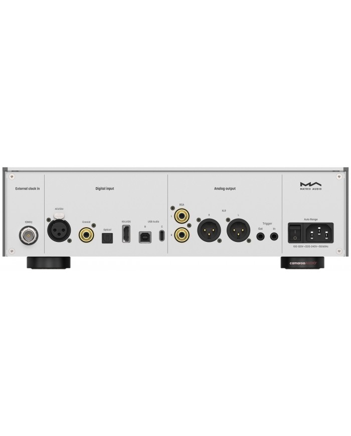 Matrix Audio ND-1 DAC arka panel: Dijital giriş, analog çıkış, USB, RCA, XLR, 10MHz harici saat.