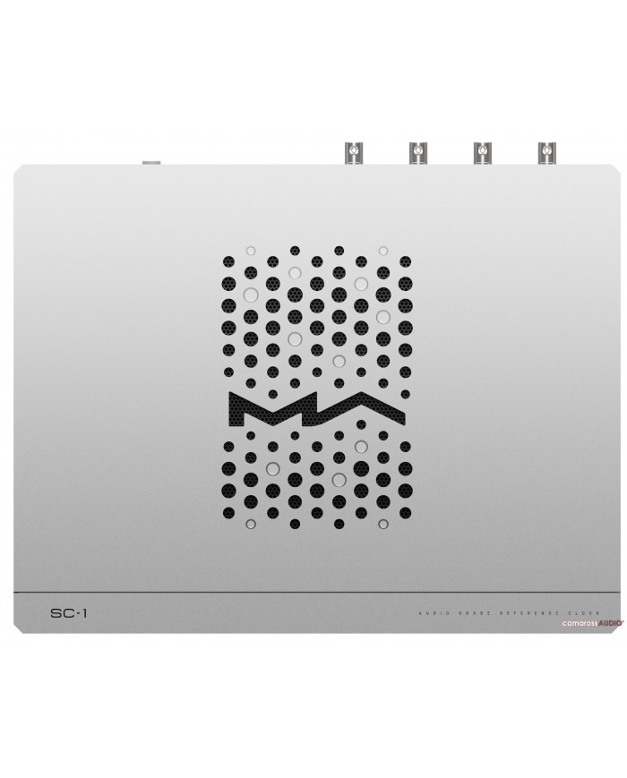 Matrix Audio SC-1 Reference Master Clock, gümüş renkli, delikli tasarımlı, ses sınıfı referans saat.