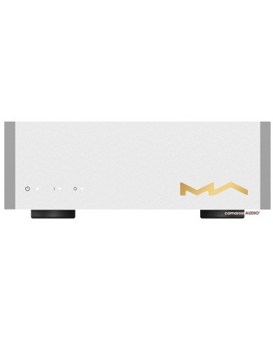 Matrix Audio SI-1 beyaz güç amplifikatörü, altın logo ve göstergeler