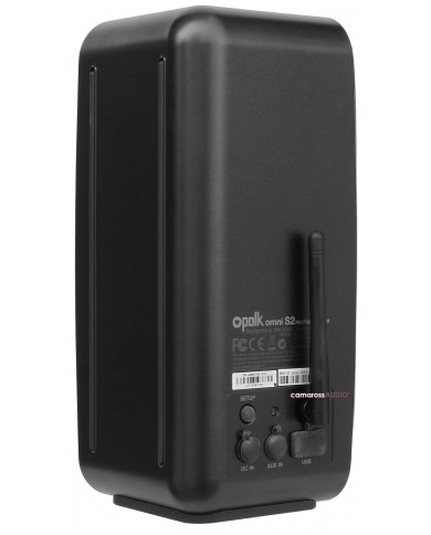 Polk Audio Omni S2R siyah kablosuz hoparlör, DC IN, AUX IN ve USB portlu.