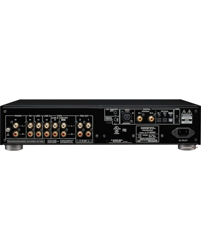Onkyo P-3000R preamplifikatör arka paneli: RCA, dijital, optik, USB, AES/EBU girişleri