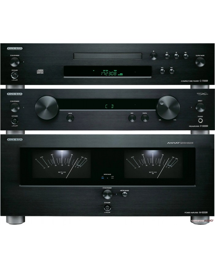 Onkyo P-3000R, M-5000R, C-7000R siyah ses sistemi bileşenleri