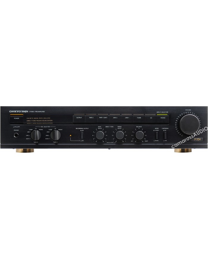 Onkyo Integra P-304 siyah stereo preamplifikatör, ses kontrol düğmeleri ve giriş seçici.
