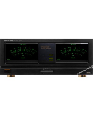 Onkyo Integra M-504 siyah stereo güç amplifikatörü, çift mono tasarım, yeşil VU metreler