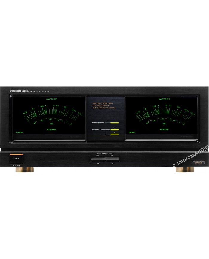 Onkyo Integra M-504 siyah stereo güç amplifikatörü, çift mono tasarım, yeşil VU metreler
