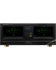 Onkyo Integra M-504 siyah stereo güç amplifikatörü, çift mono tasarım, yeşil VU metreler