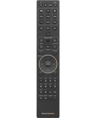 Marantz MODEL 50 Stereo uzaktan kumanda, siyah, giriş ve ses kontrolü tuşları.