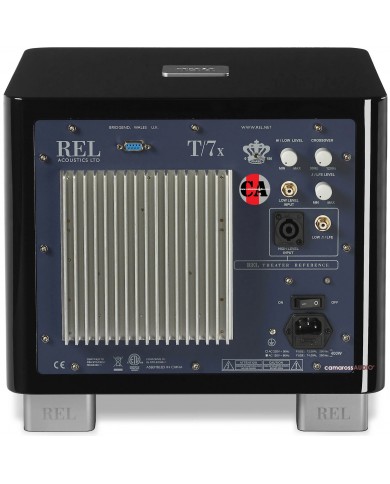 Rel T7x Aktif Subwoofer arka panel detayları, siyah parlak kaplama.