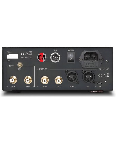 Gold Note PH-5.2 Fono siyah fono preamp arka panel, RCA ve XLR giriş/çıkışlar