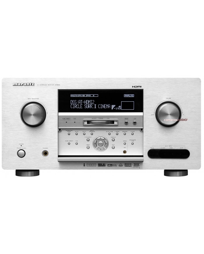 Marantz SR-9600 AV Surround Receiver gümüş renkli, ön panelde ekran ve düğmeler.