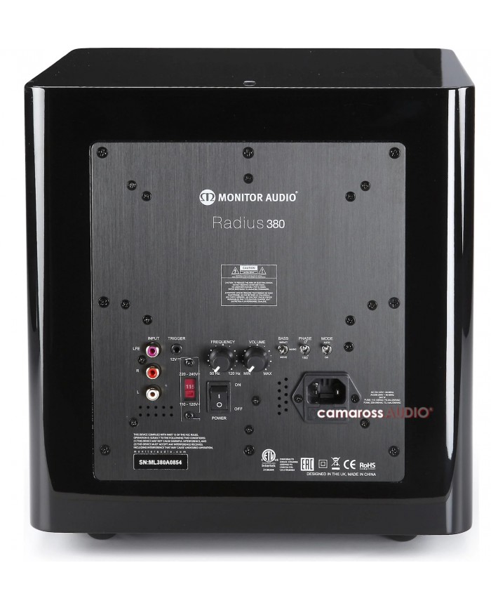 Monitor Audio Radius 380 siyah parlak subwoofer arka panel bağlantıları