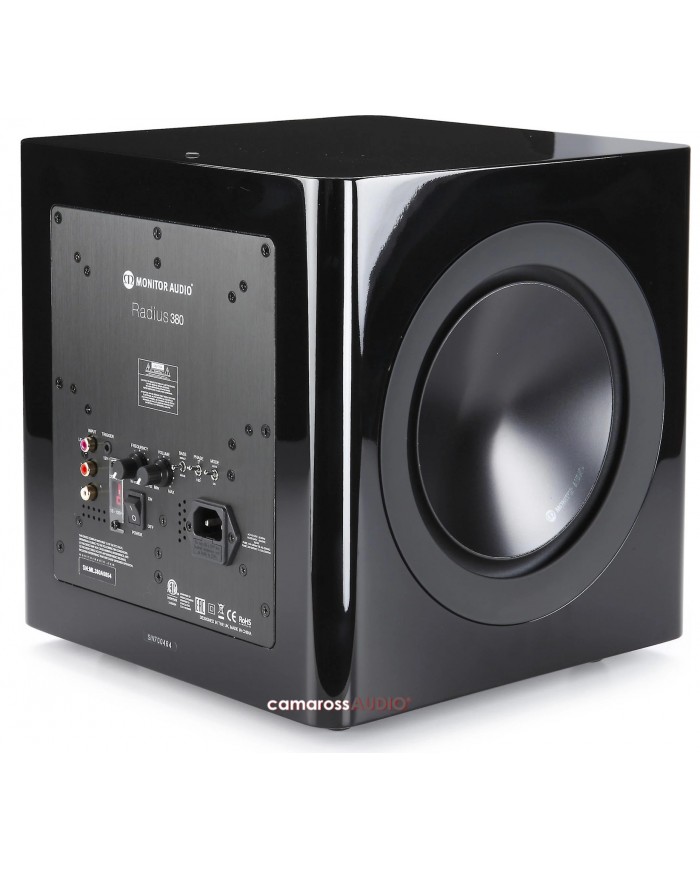 Monitor Audio Radius 380 siyah parlak subwoofer, ev sineması için ideal.