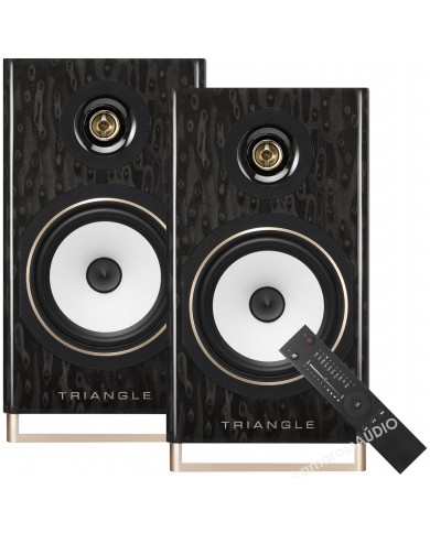Triangle Capella Hi-Fi hoparlör çifti, siyah ahşap, beyaz woofer ve altın detaylı.