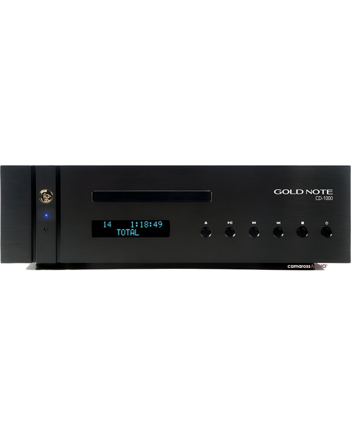 Gold Note CD-1000 MkII Deluxe siyah CD çalar, ön panelde gösterge ve kontrol düğmeleri.