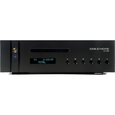 Gold Note CD-1000 MkII Deluxe siyah CD çalar, ön panelde gösterge ve kontrol düğmeleri.