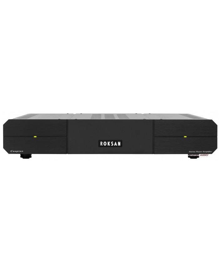 Roksan Caspian Siyah Stereo Güç Amplifikatörü, ön panelde Roksan logosu ve yeşil LED göstergeler.
