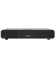 Roksan Caspian Siyah Stereo Güç Amplifikatörü, ön panelde Roksan logosu ve yeşil LED göstergeler.