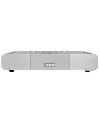 Roksan Caspian gümüş stereo güç amplifikatörü, şık ve modern bir tasarıma sahip.