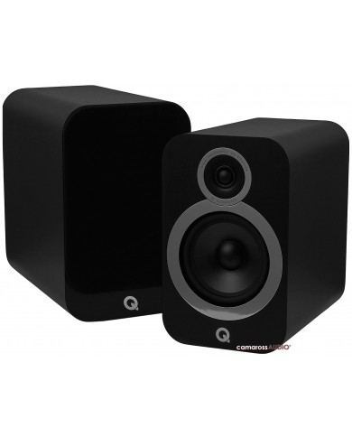 Q Acoustics 3030i siyah bookshelf hoparlörler, şık ve modern tasarımlı.