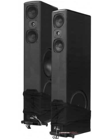 Siyah Camaross Audio kule hoparlörleri, 3 yollu bas refleks tasarımlı, yüksek kaliteli ses.
