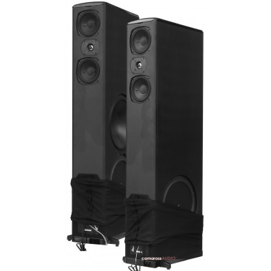 Siyah Camaross Audio kule hoparlörleri, 3 yollu bas refleks tasarımlı, yüksek kaliteli ses.