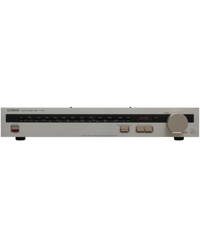 Luxman T-210L AM/FM Stereo Tuner gümüş renkli, vintage ses bileşeni.