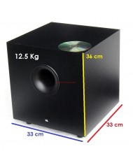 JBL TLX-125 Aktif Siyah Subwoofer, 33x33x36 cm boyutlarında, 12.5 Kg ağırlığında.