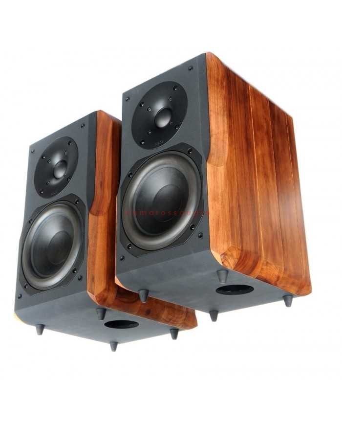 Chario Constellation Delphinus hoparlörleri, ahşap kaplama, koyu gri ön panel, siyah woofer ve tweeter.