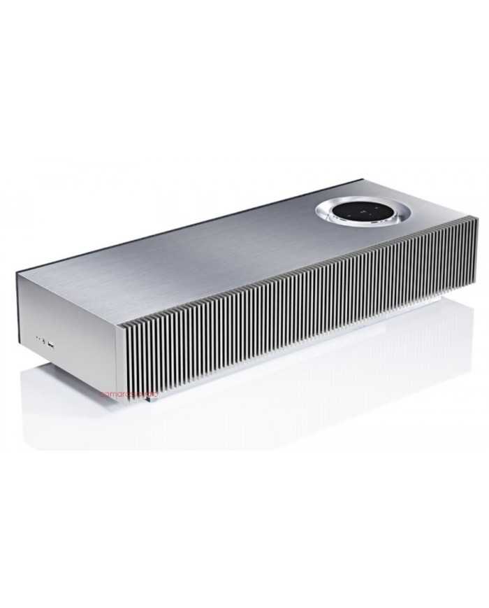Naim Mu-So Reference Kablosuz Müzik Sistemi, gümüş renkli, şık tasarımlı hoparlör.