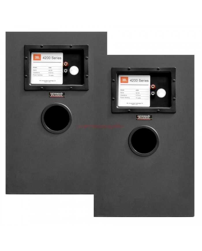 JBL 4208 Studio Monitor hoparlörlerinin arka paneli, bağlantı noktaları ve havalandırma delikleri.