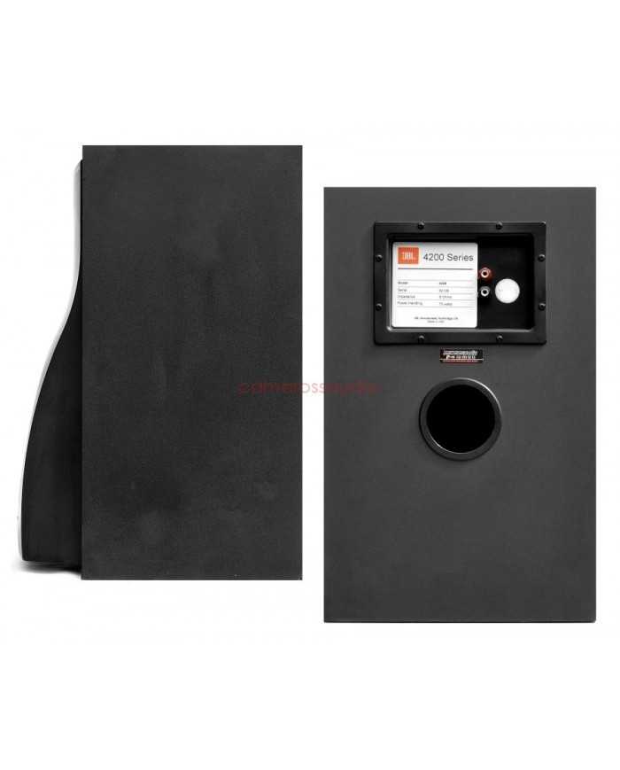 JBL 4208 Studio Monitor hoparlör arka yüzü, bağlantı noktaları ve havalandırma deliği detayları.