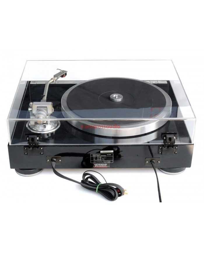 Kenwood Trio KD-990 Quartz PLL Pikap, siyah, şeffaf kapaklı, otomatik durdurma özellikli.