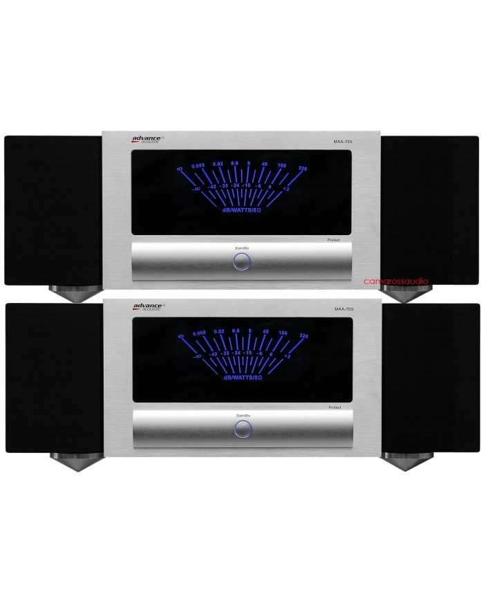 Advance Acoustic MAA-705 amplifikatör, gümüş renkli, analog VU metreli.