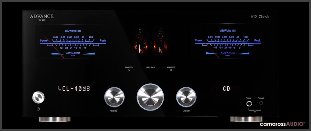 Advance Paris A12 Classic siyah ön panel, VU metre ve lambalı amplifikatör görünümü.