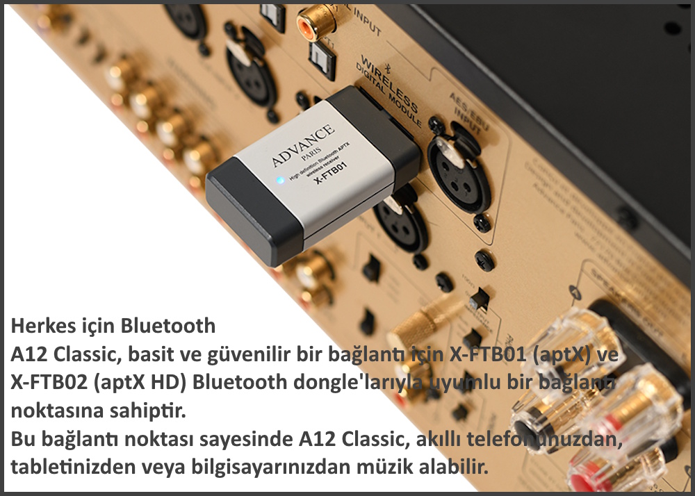 Advance Paris A12 Classic aptX Bluetooth dongle takılı arka bağlantı