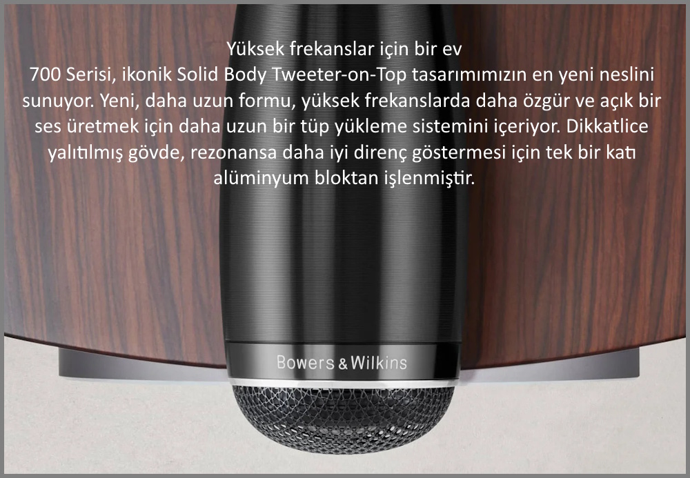 Bowers & Wilkins 702 S3 hoparlör tweeter detayı, alüminyum gövde.