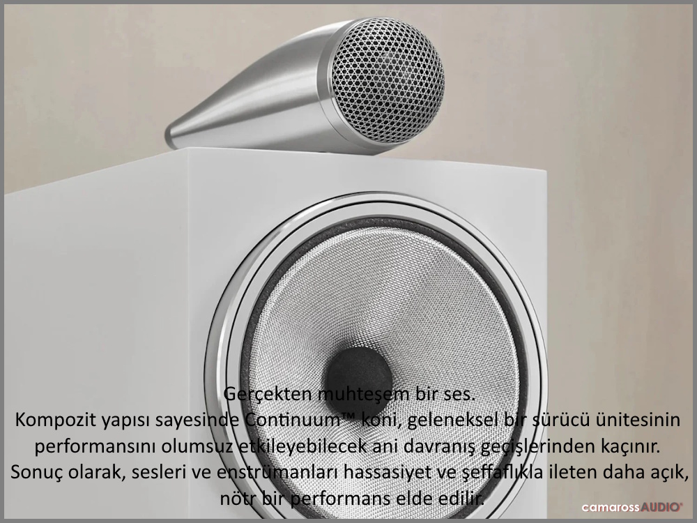 Bowers & Wilkins 703 S3 beyaz hoparlör Continuum koni detaylı yakın çekim.