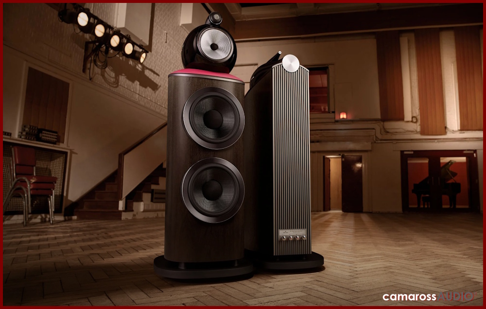 Bowers & Wilkins 801 Abbey Road Limited hoparlör çifti koyu ahşap kaplama.