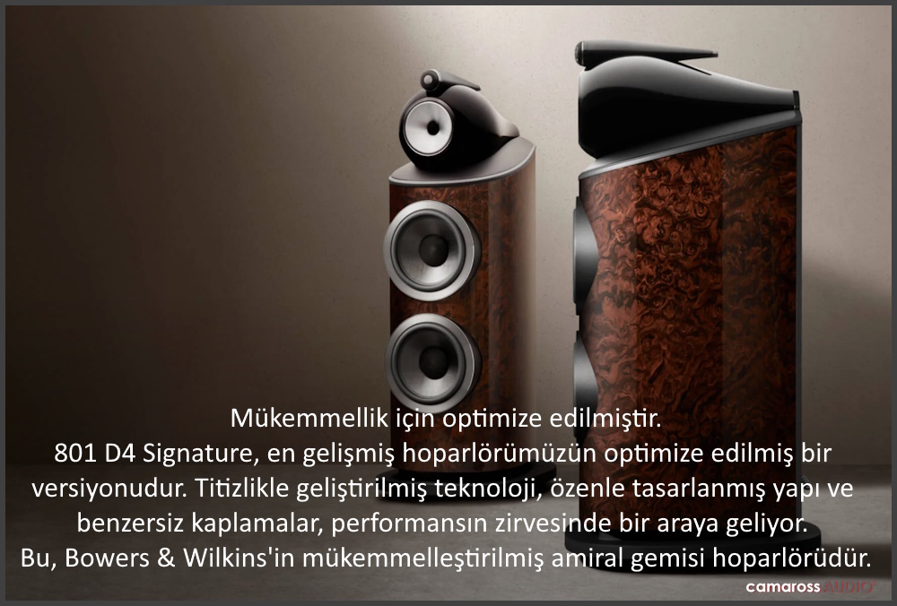 Bowers & Wilkins 801 D4 Signature ahşap kaplamalı amiral gemisi hoparlörler.