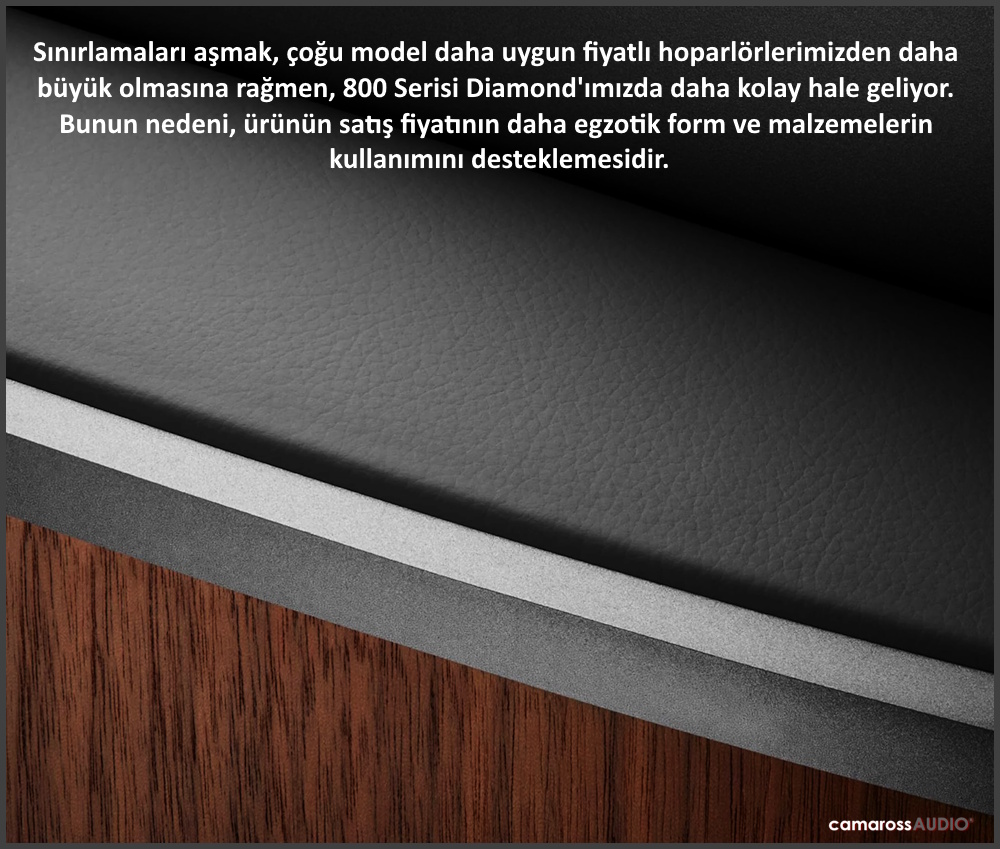 Bowers & Wilkins 801 D4 ahşap ve deri kaplama malzemeleri detayı