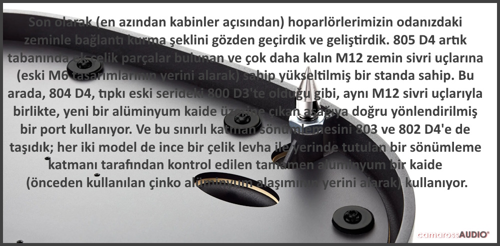 Bowers & Wilkins 801 D4 hoparlör M12 zemin sivri ucu detayları.