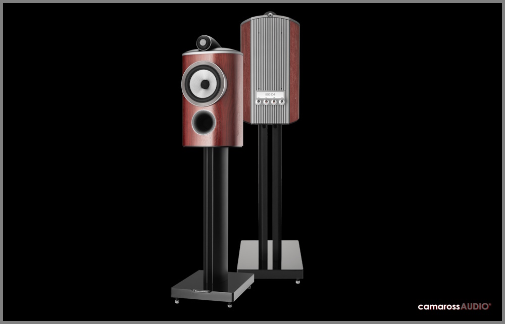 Bowers & Wilkins 805 D4 hoparlör, ahşap gövde ve stand detayları.