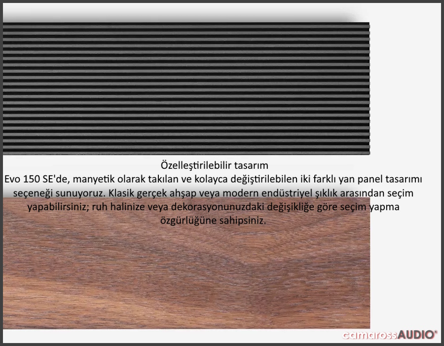 Cambridge Audio Evo 150 SE değiştirilebilir yan panelleri ahşap ve ızgara