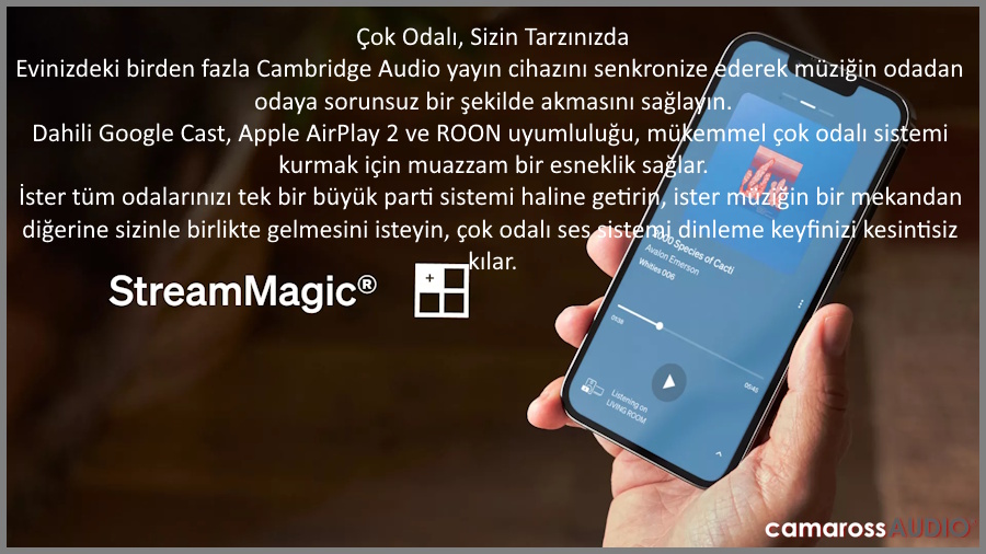 Cambridge Audio StreamMagic uygulamasıyla çok odalı müzik kontrolü.