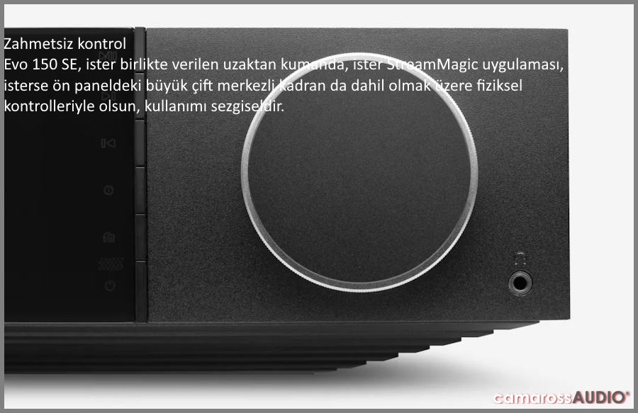 Cambridge Audio Evo 150 SE Siyah Amfi ön panel ses düğmesi ve kulaklık çıkışı